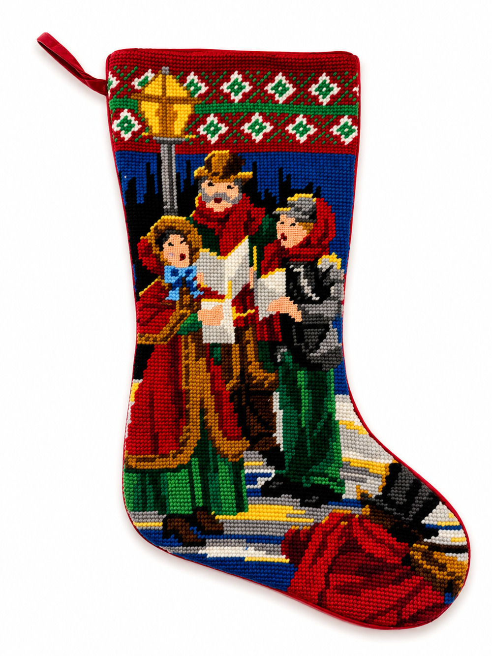 Vintage Needlepoint Christmas Stocking Carolers Handmade 18" Holiday Decor